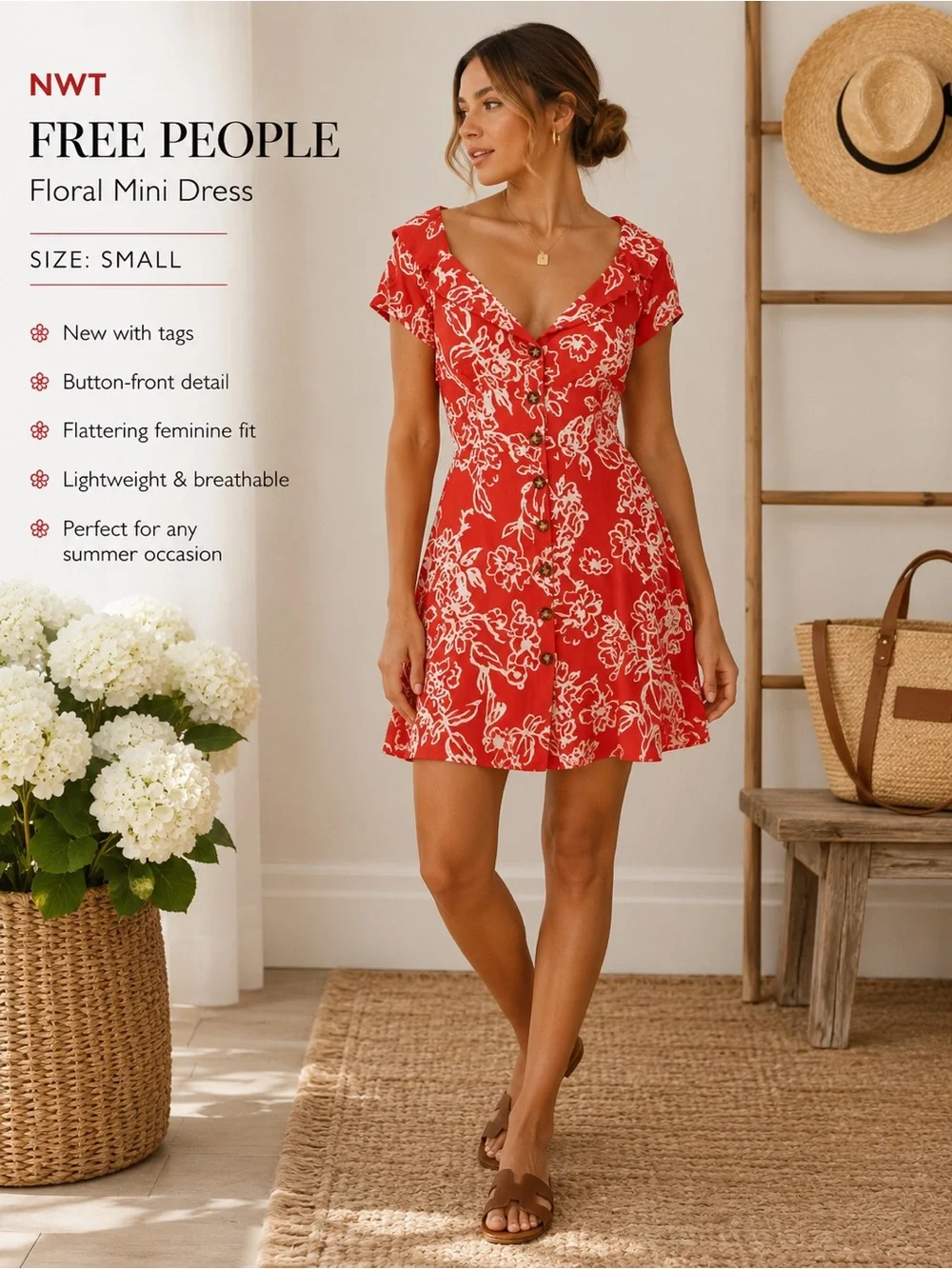 Free People Red & White Floral Button-Front Mini Dress